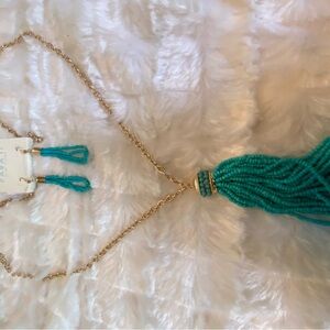 Elegant Turquoise Beaded  and Gold Tassel Necklace set